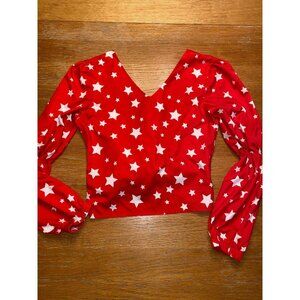 Red & White Star Pattern Long Sleeve Crop Top With Tie Back